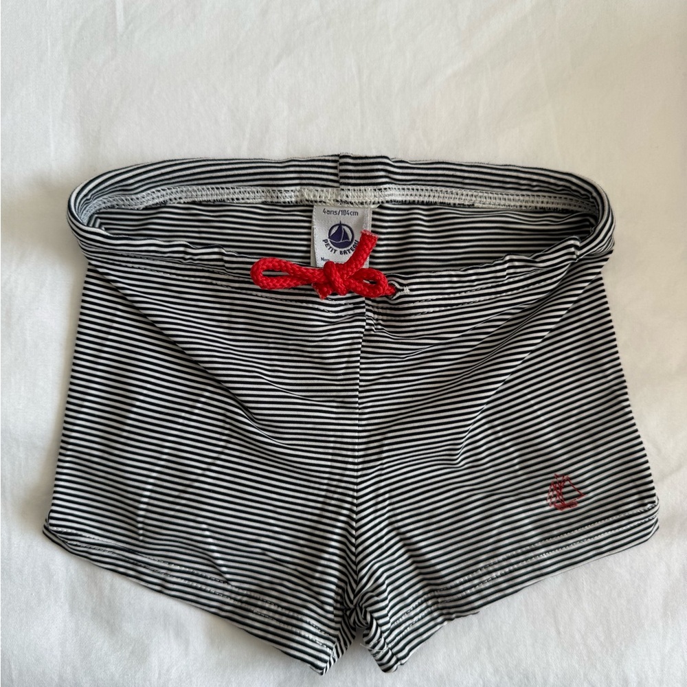 Petit Bateau Black and White Striped Swim trunk with Red Tie